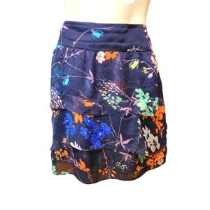 ZARA ALL SILK Tiered Lined Mini Skirt Dark Navy Floral Design‎ Large